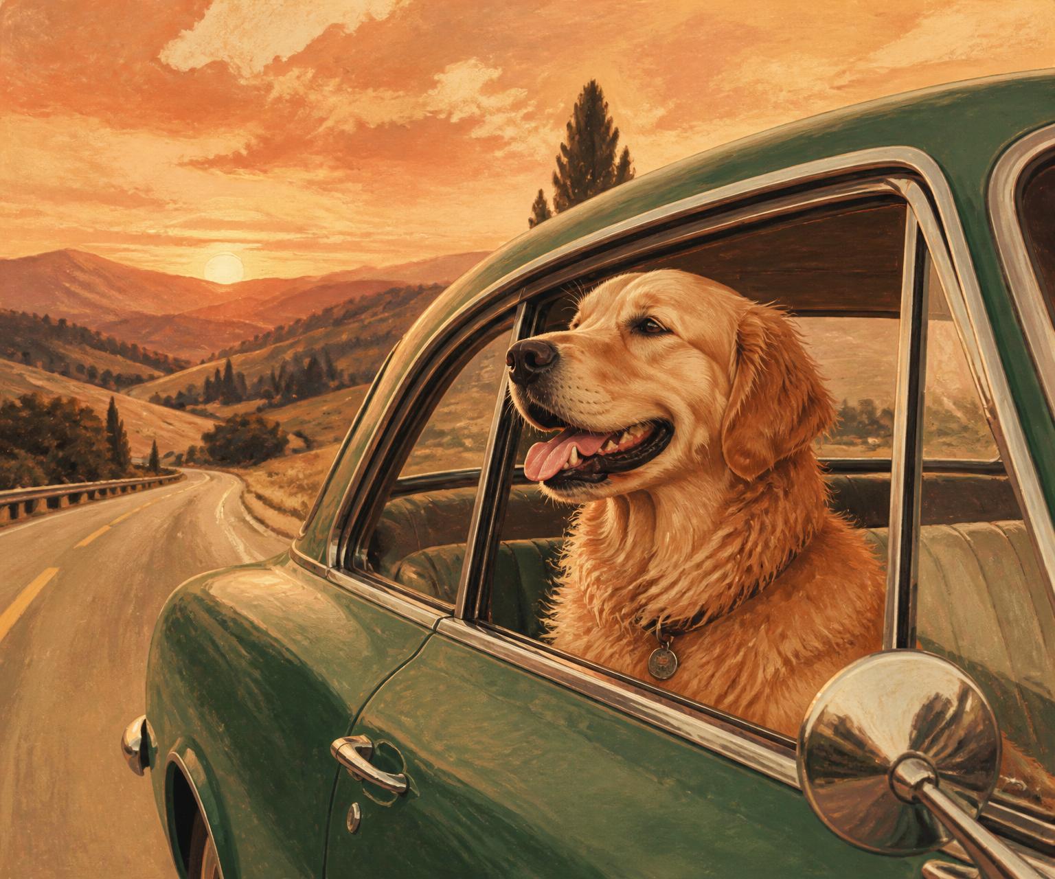 A golden retriever leans out the window of a vintage car on a winding road at sunset
